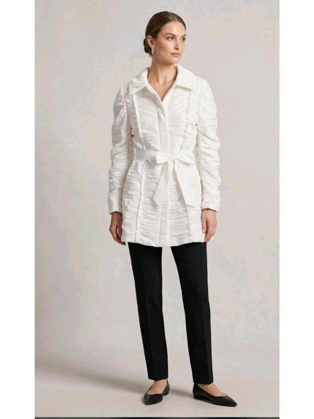 Samuel Dong Crinkle Jacket Bubble Hem XS White Drawstring Waist Lightweight